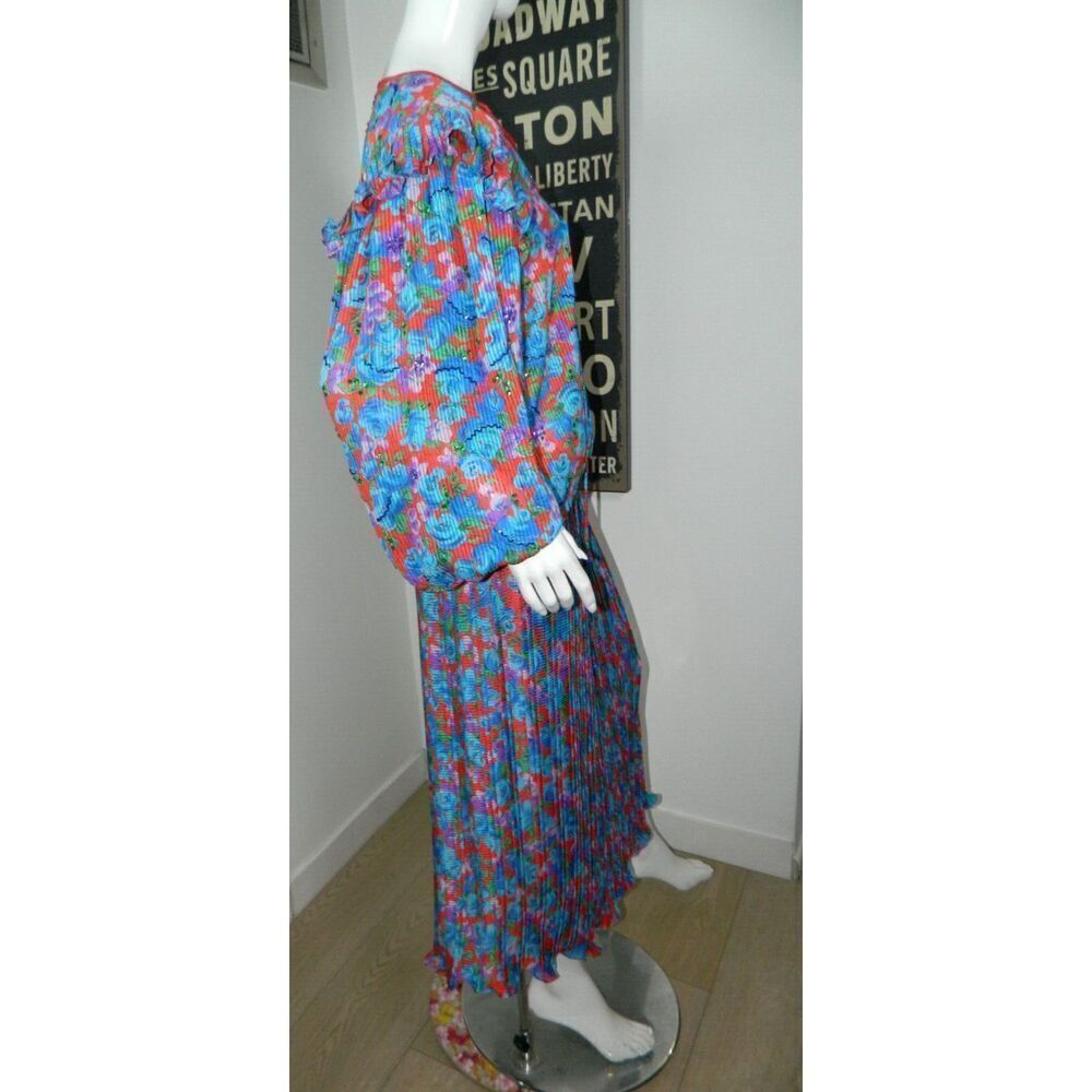 Vintage Diane Freis Skirt Set L/XL Blue  Purple Red Floral‎ Pleated Sequins 80's - Picture 8 of 13